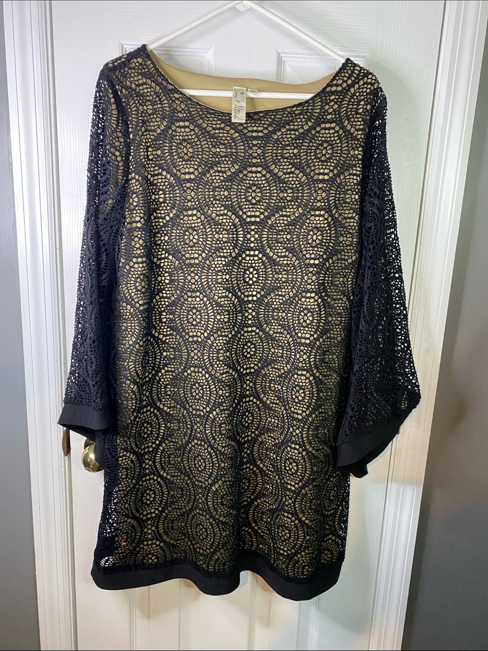 Emma & Michele Black Crochet Tunic with Nude Lining Size XLarge.